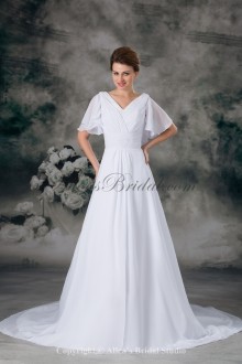 Chiffon V-Neck Neckline Sweep Train A-line Half-Sleeves Wedding Dress