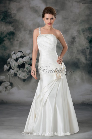 Satin One-Shoulder Floor Length A-Line Flowers Wedding Dress